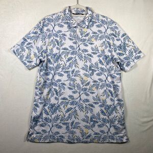 TravisMathew Men’s Polo Shirt Size L White Blue Leaf Print Golf Casual